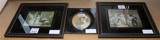 Watercolour oval of young lady and 2 prints in frames
